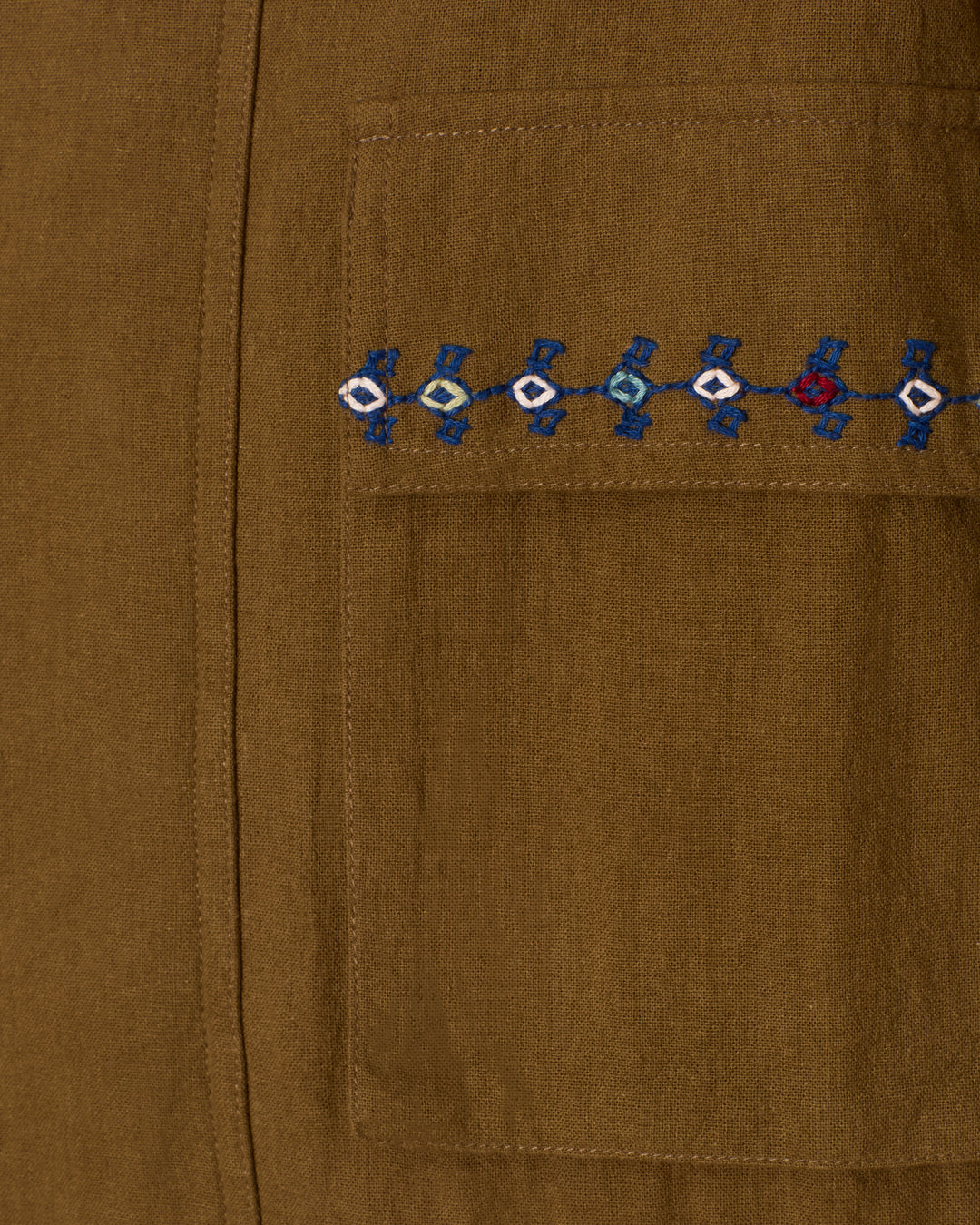 Evelyn Olive Branch Jacket in olive green Khadi cotton, featuring a pocket with a row of small, colorful geometric hand embroidery.
