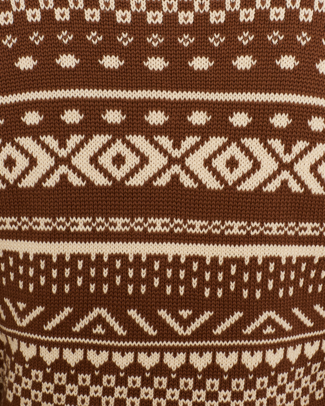 The Liza Mocha Fair Isle Top features a classic winter design with brown and cream knitted fabric, showcasing geometric and symmetrical patterns—such as diamonds, zigzags, and dots arranged in horizontal rows—making it a cozy seasonal staple.