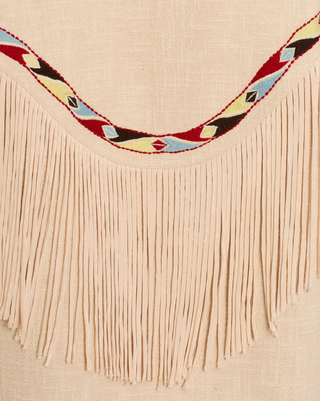 Close-up of beige fabric with long fringe and a red, blue, yellow, and black geometric patterned trim along the top edge, as seen on the Ranger Prairie Fringe Jacket.