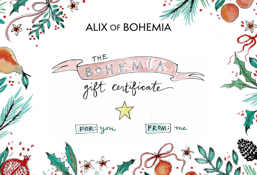 The Bohemian Gift Card is decorated with festive holiday illustrations and has spaces labeled "For: you" and "From: me.