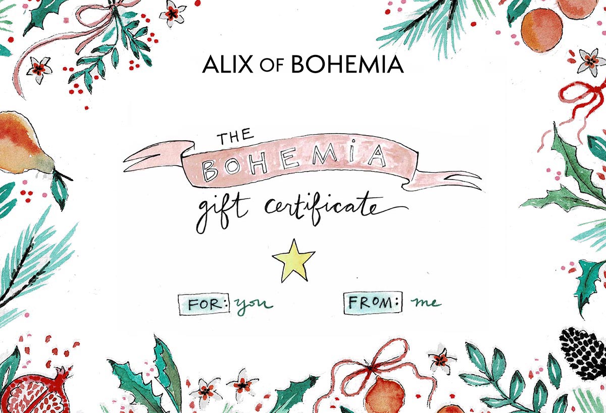 The Bohemian Gift Card is decorated with festive holiday illustrations and has spaces labeled "For: you" and "From: me.