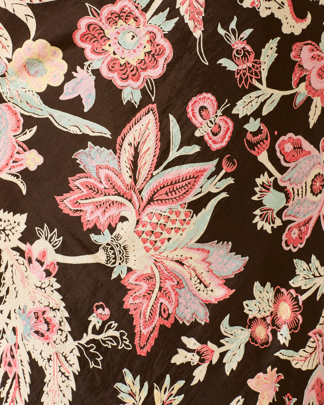 The Adele Terra Floral Silk Dress features a floral pattern with pink, white, and blue flowers and leaves on a dark brown background—perfect for a chic maxi or bias-cut slip dress.