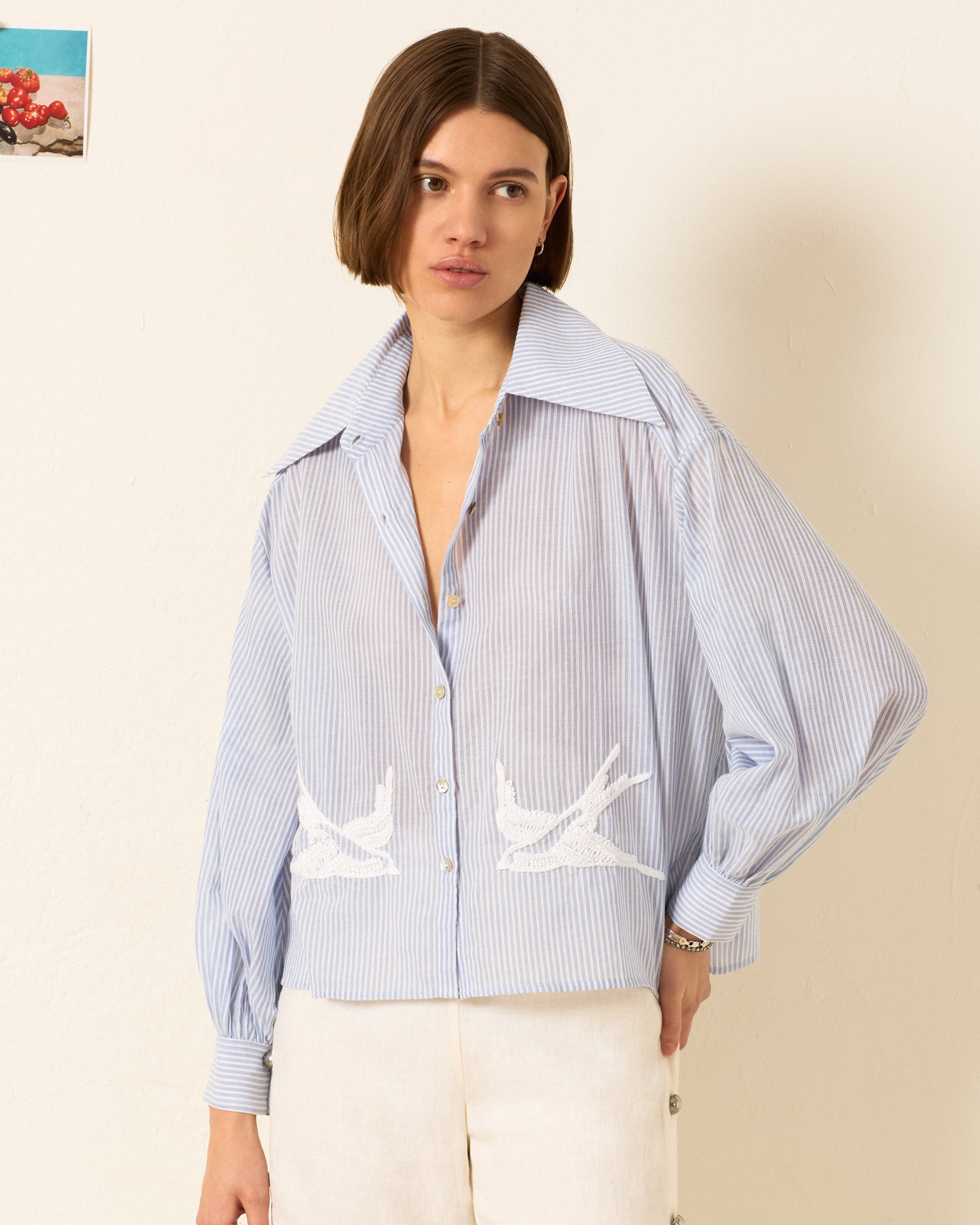 A woman stands against a plain wall wearing the Emery Swallow Stripe Shirt, which features blue-and-white stripes, a '70s-inspired dagger collar, and delicate white swallow embroidery.