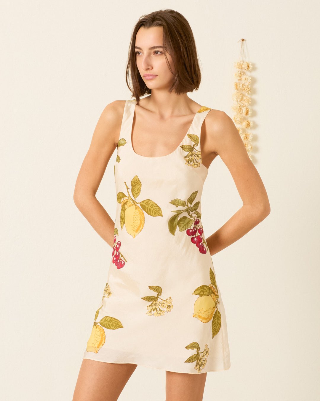 Alix of Bohemia Addie Four Fruit Silk Mini Dress | Floral/Off White | Size L