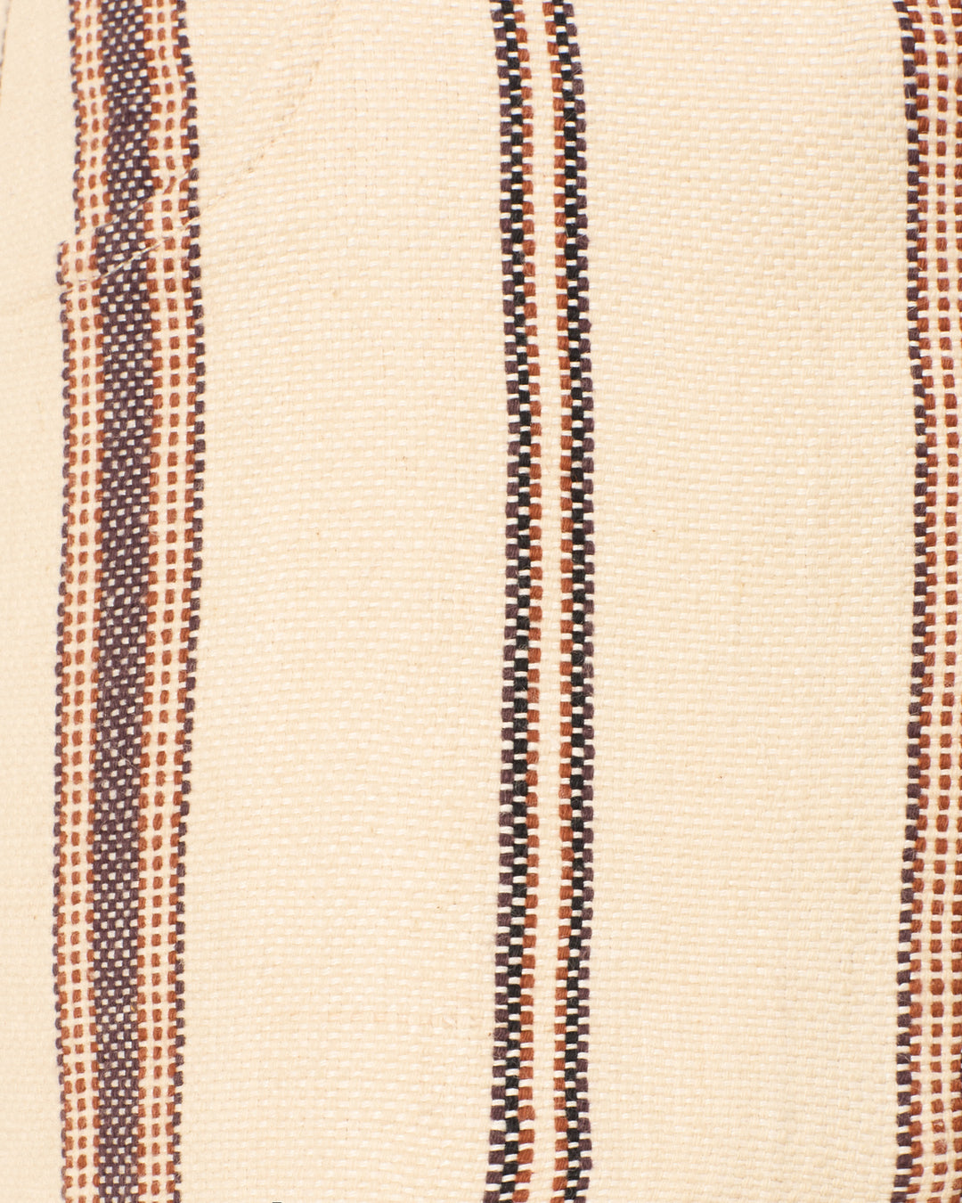 The Cooper Bark Stripe Pant features beige linen and cotton fabric with vertical black and brown woven stripes in a repeating pattern.