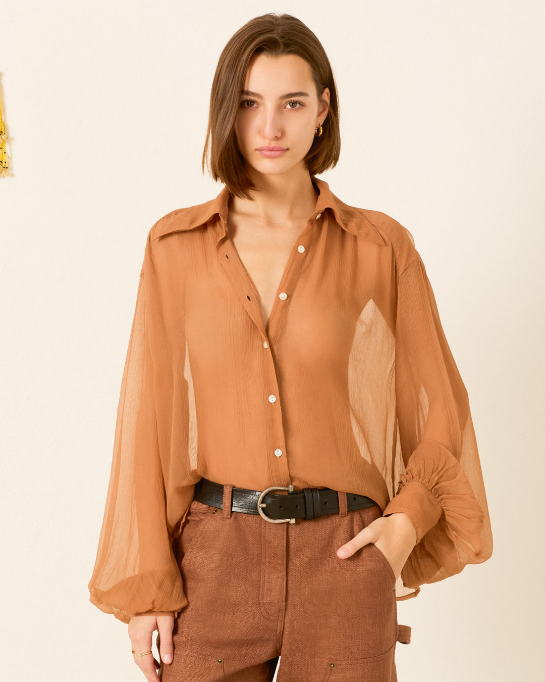 Wearing the Elfie Fawn Chiffon Shirt—a vintage-inspired, sheer brown button-down blouse with puffy sleeves, crafted from delicate cupro-chiffon—paired with brown pants, a person stands against a plain background.