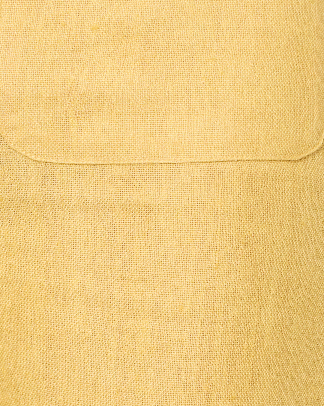Close-up of the Farah Sunlight Linen Pant in yellow, highlighting the stitched seam and flap that reveal the textured weave of its linen and wool blend—ideal for high-waisted pant designs.