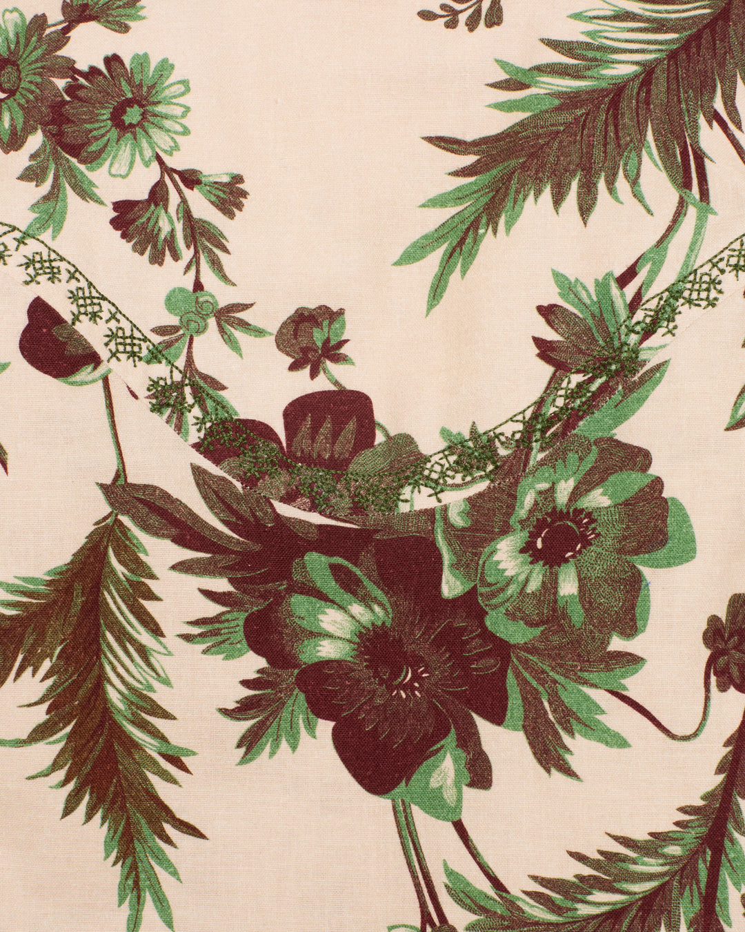 Beige background adorned with intricate botanical motifs of green and brown floral and fern-inspired patterns, creating a vintage aesthetic—perfect for the Jude Summermoss Jacket crafted from Khadi cotton.