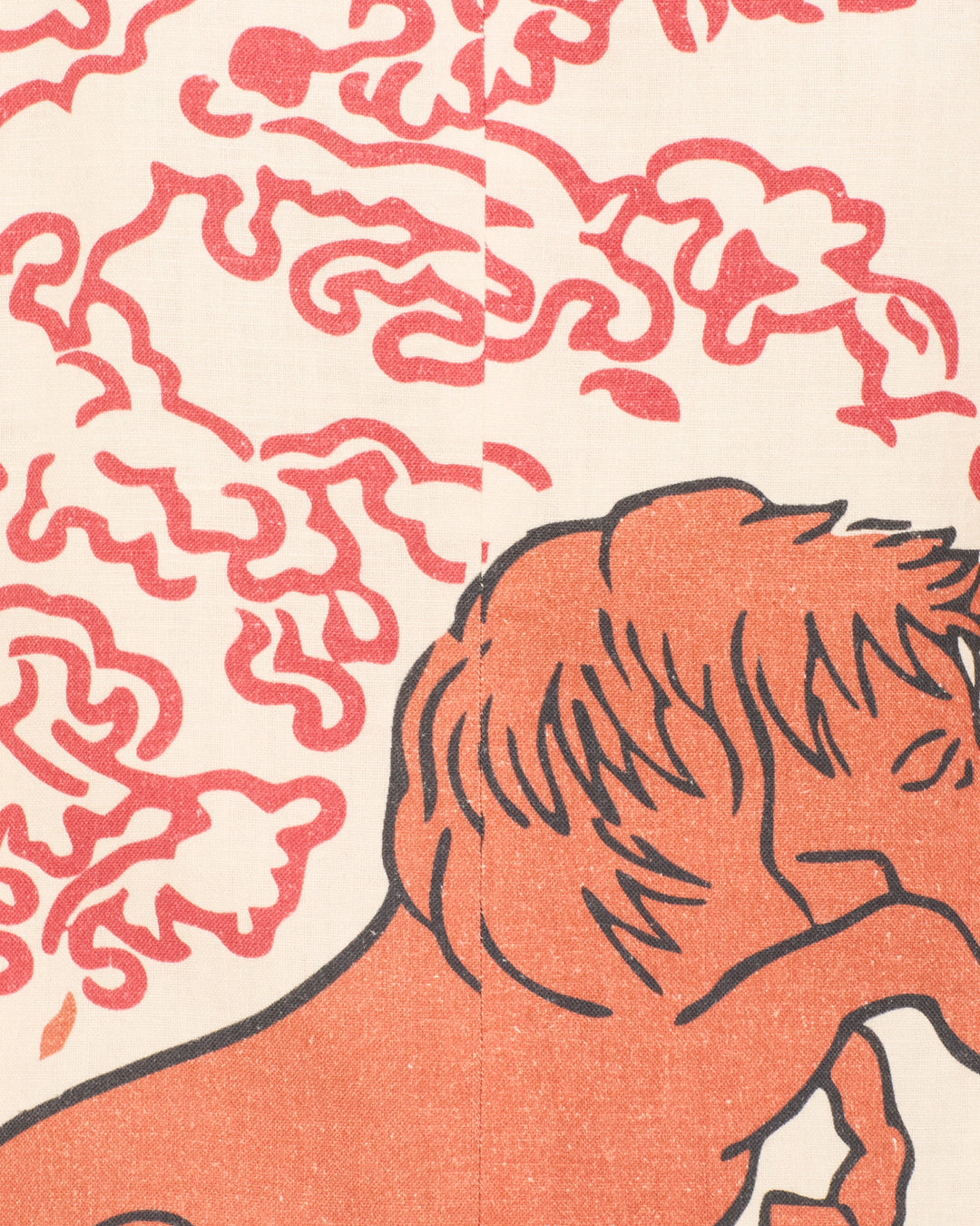 A stylized illustration of a brown lion with a flowing mane appears in the lower right, set against cream and red patterns that evoke hand-loomed textures and echo the elegance of the Afternoon Rouge Pegasus Blazer.