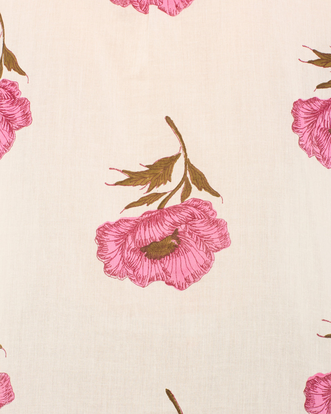 The Annabel Fuchsia Poppy Shirt features a cream base with hand-block-printed pink flowers and brown-green leaves in a repeating pattern.