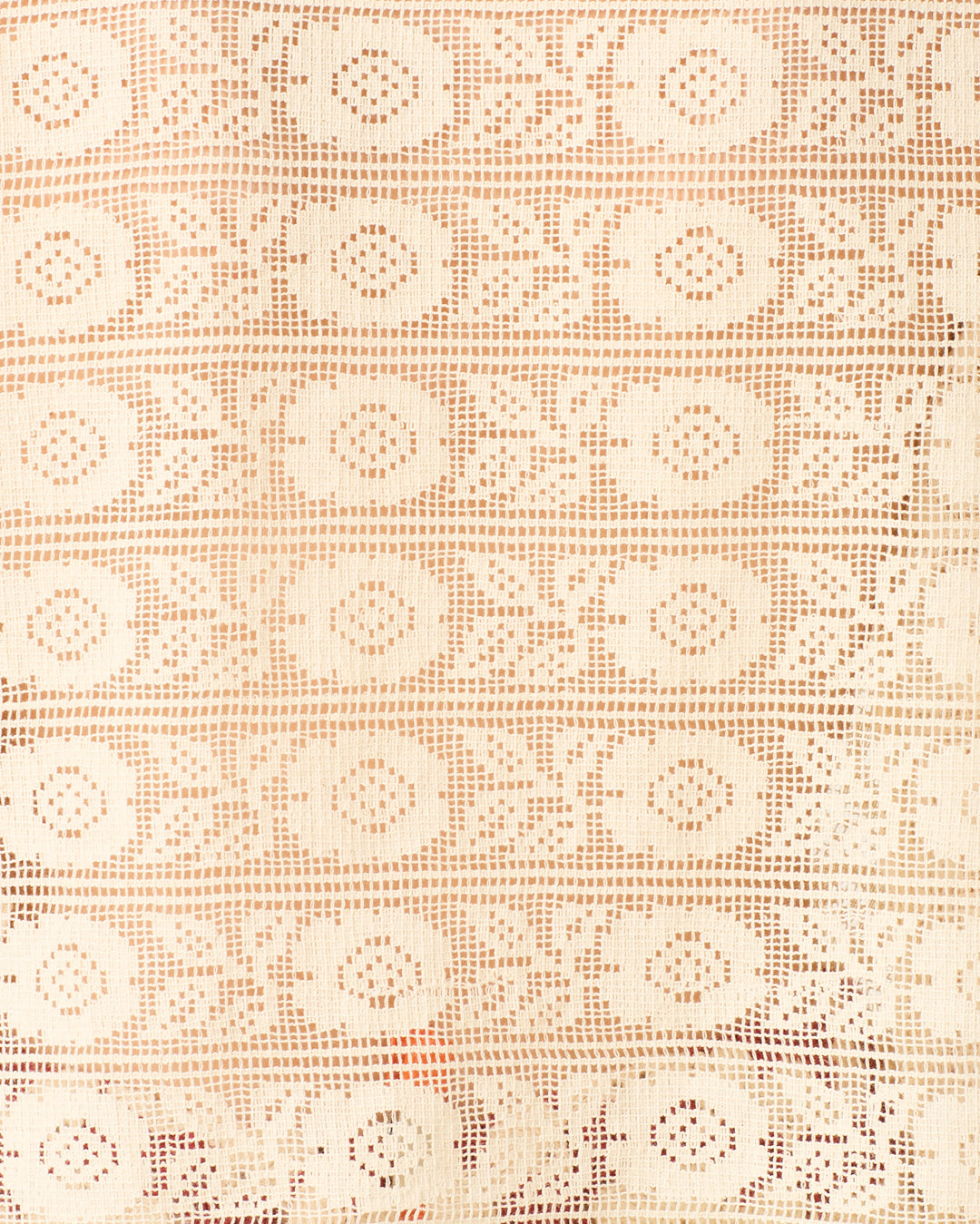 The Artemis Alabaster Lace Shirt is crafted from beige lace with geometric circular and rectangular patterns, perfect for a sheer shirt or an elegant Victorian-inspired blouse.