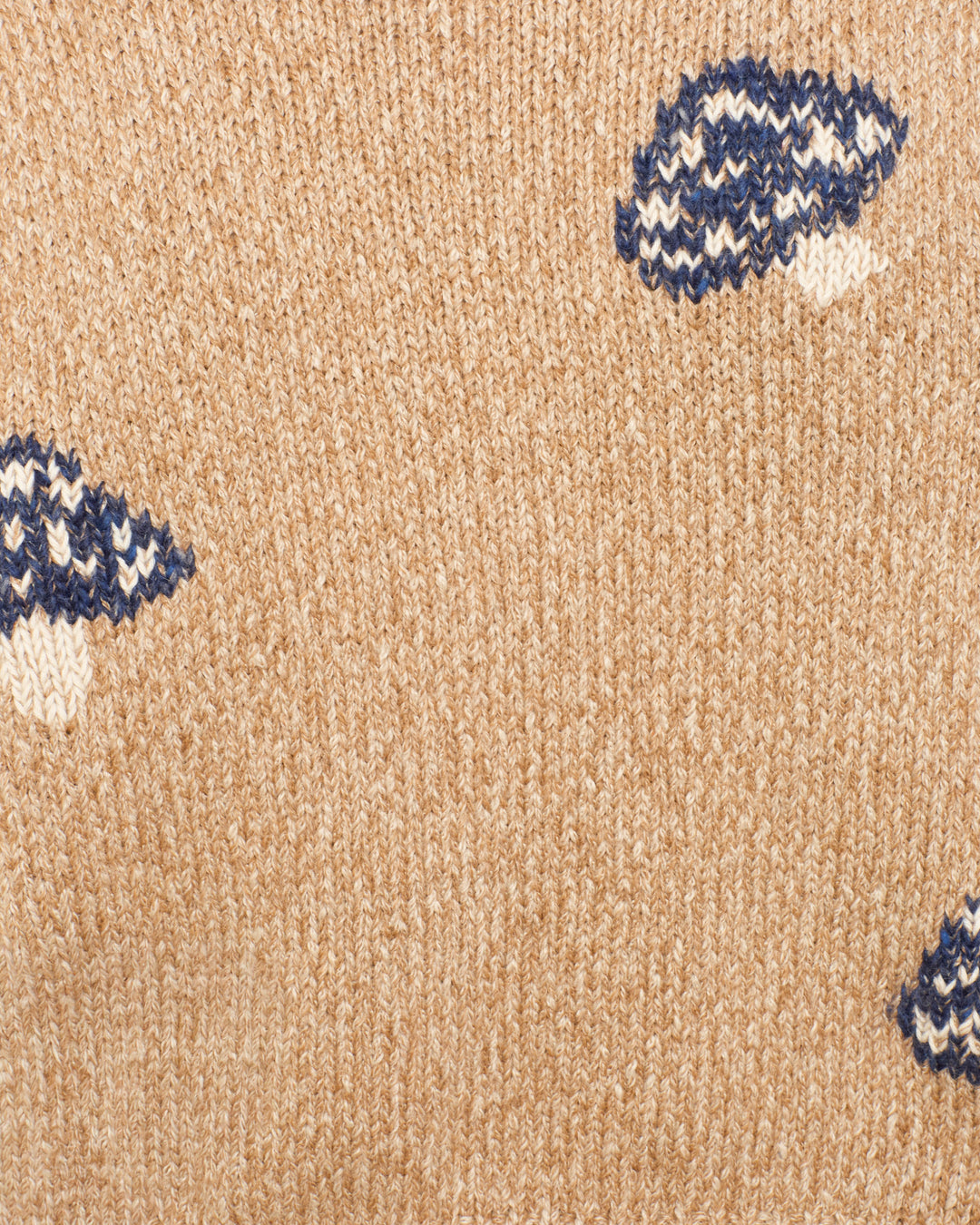Close-up of the Lessi Mushroom Knit Top, a cropped baby alpaca sweater featuring light brown knit fabric decorated with small blue and white mushroom shapes.