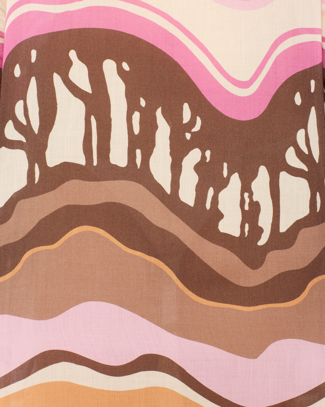 The Niall Bloomshade Dress showcases an abstract print of wavy lines in brown, pink, and beige with stylized tree silhouettes at the center—ideal for bringing flair to maxi dresses or garments with elegant flared sleeves.
