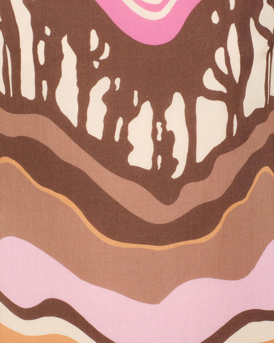 The Preeti Bloomshade Dress features silky modal fabric with an abstract print of wavy brown, beige, tan, and pink lines—evoking geological layers and organic shapes for an elegant A-line silhouette.