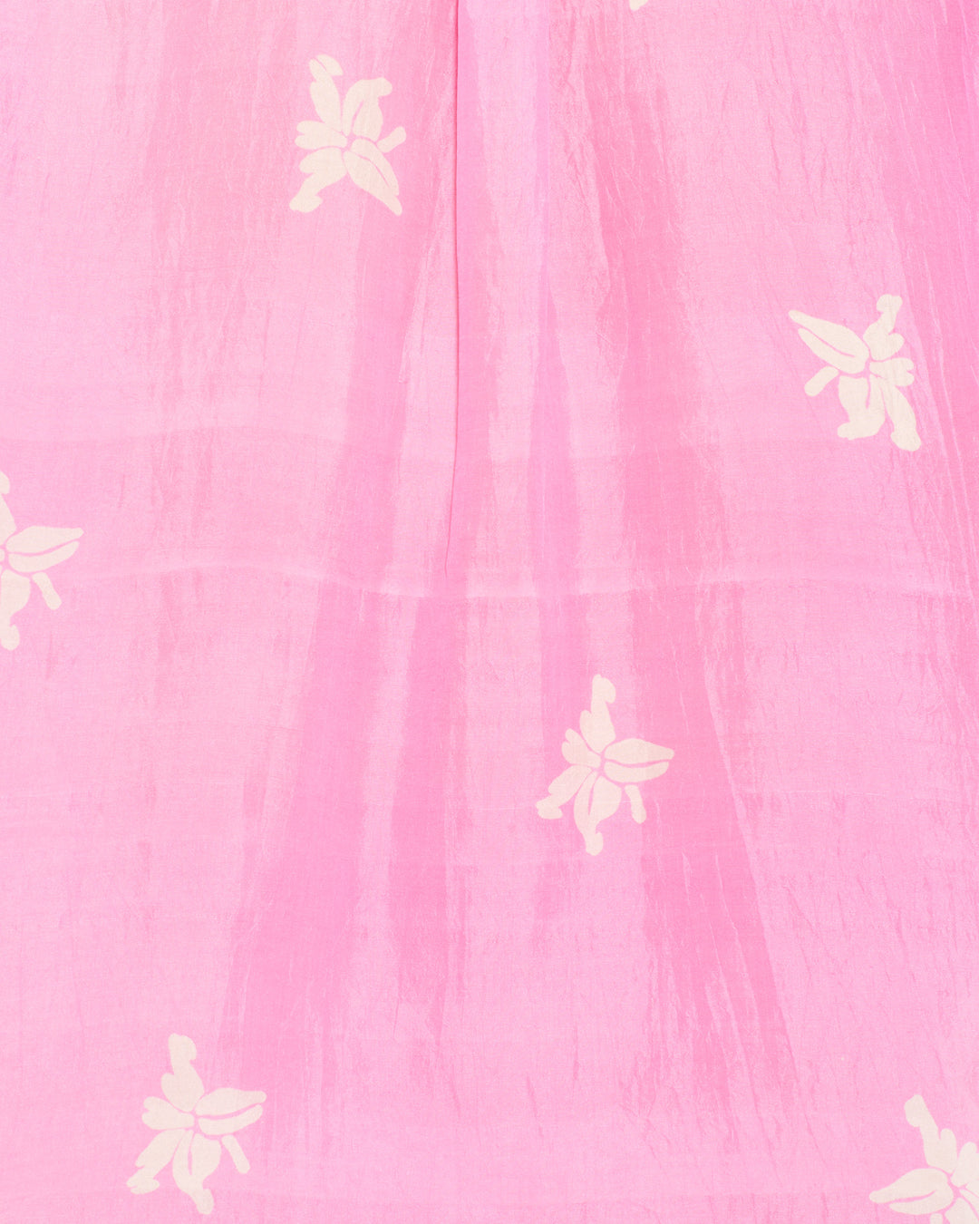 Close-up of the Styla Pink Jasmine Shirt: pink fabric with a shiny texture and scattered white floral motifs—perfect for hand-loomed silk or elegant hand-block prints.