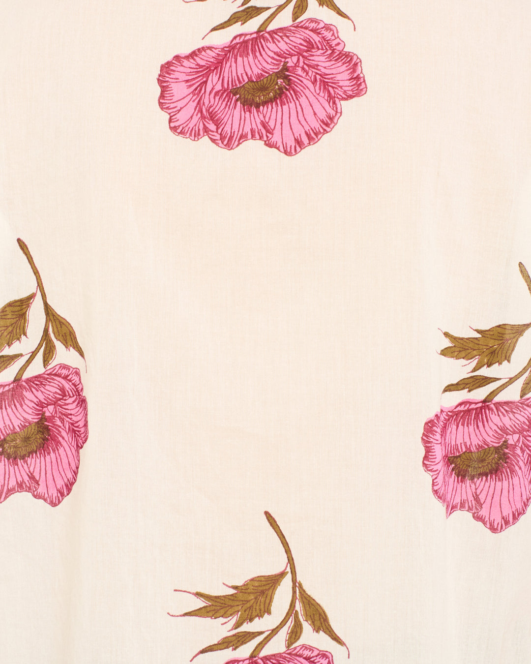 Hand-block-printed cotton voile with pink poppy flowers and green leaves—crafted into the Winn Fuchsia Poppy Shirt for a breezy, delicate look.