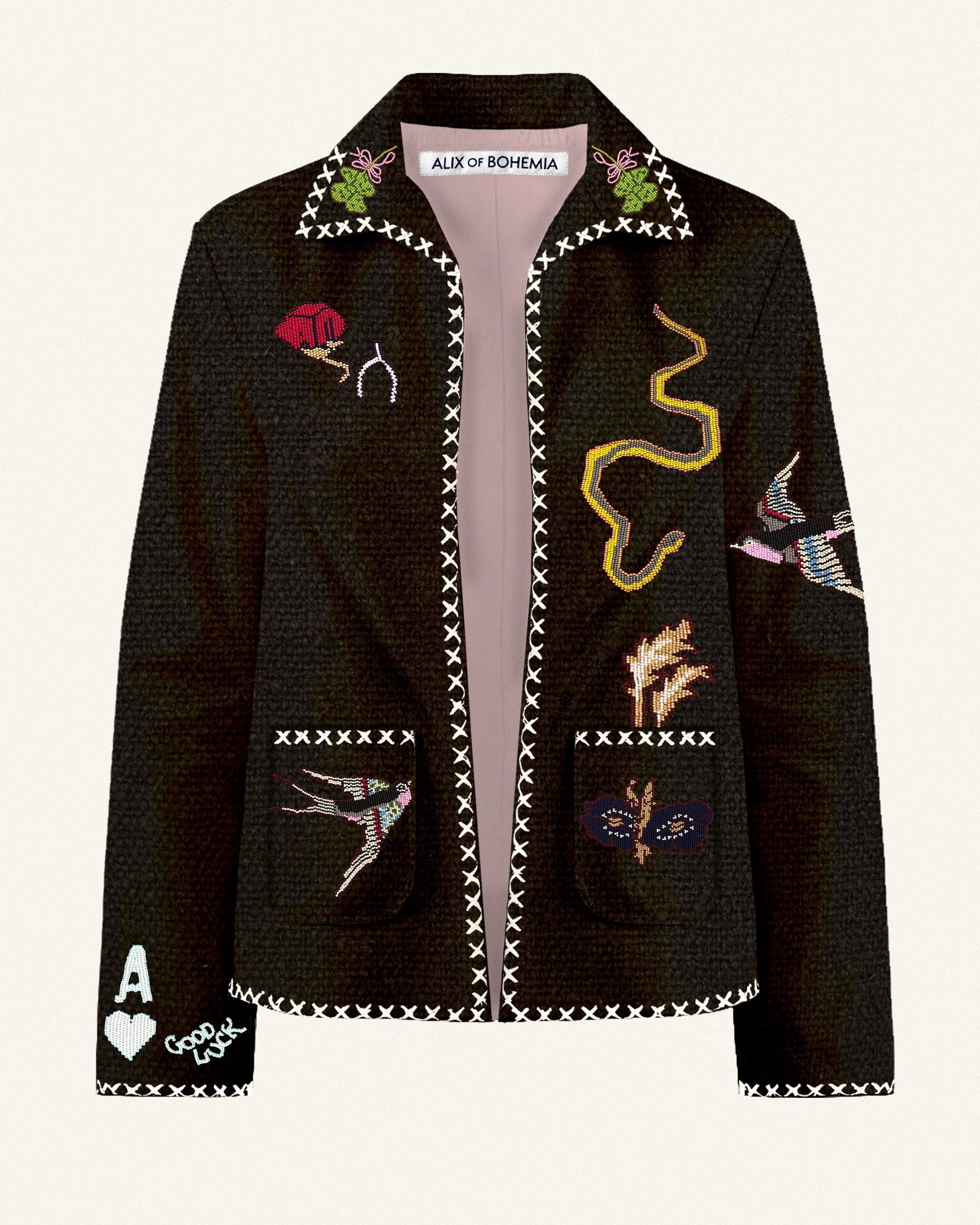 The Francis Black Tattoo Jacket features colorful embroidered birds, a snake, flowers, and a heart, with white stitching along the edges and collar for extra detail.