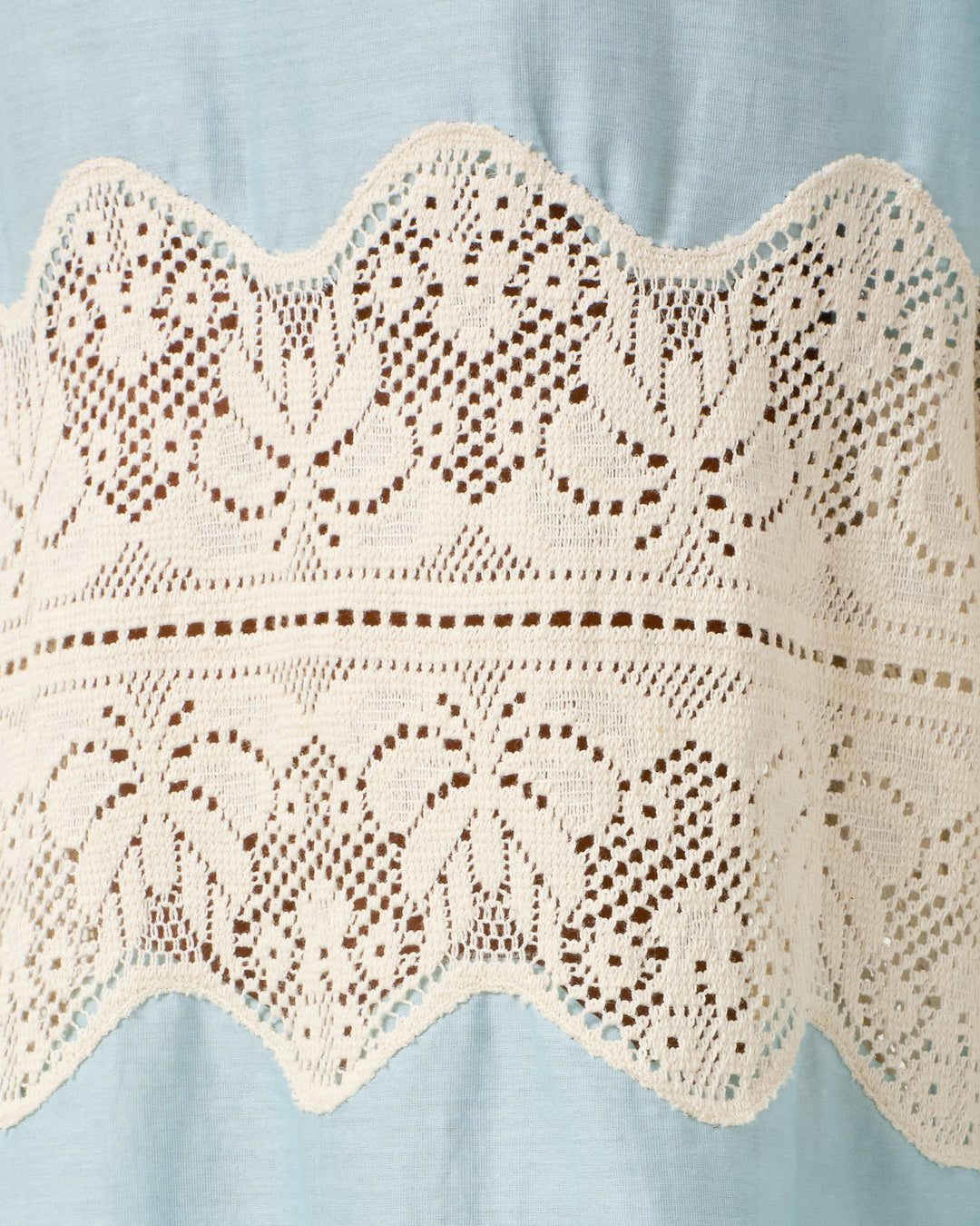 A detailed view of the Margie Sky Prima Lace Pant shows white, scalloped floral cotton lace sewn on light blue fabric—ideal for accenting wide-leg pants or pairing seamlessly with a cotton-silk blend look.