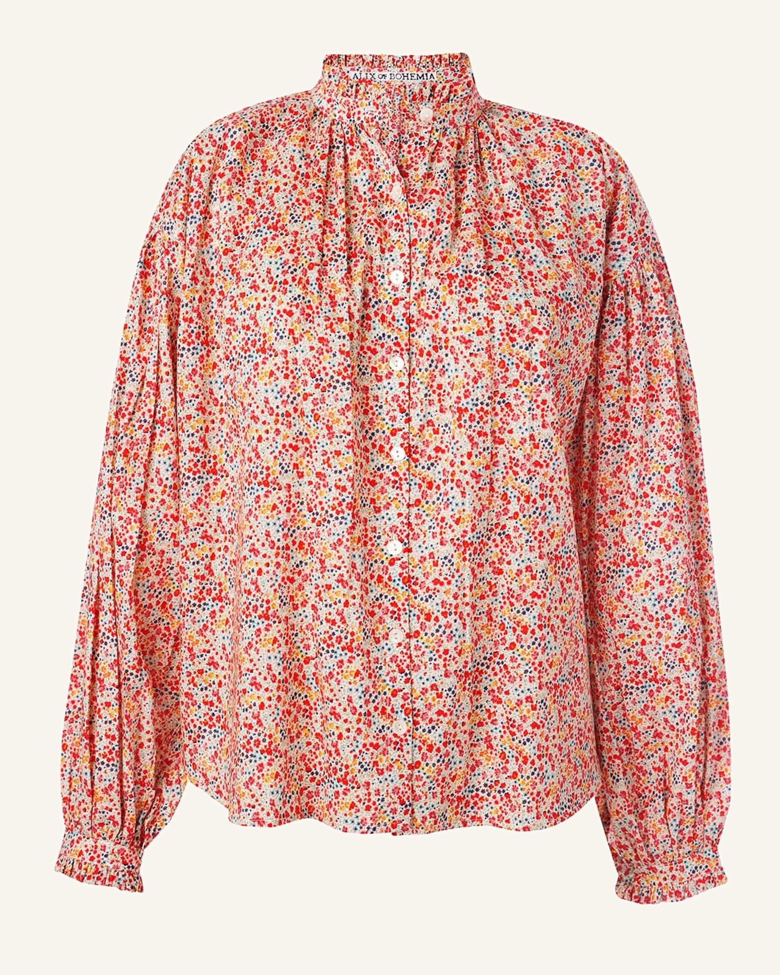 Introducing the Poet Liberty Phoebe Blouse: This chic blouse showcases long, slightly puffed sleeves and a high collar. It features a vibrant multicolored floral pattern densely arranged on a light background.