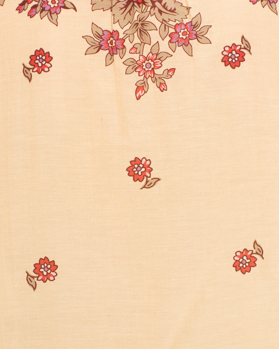 Annabel Rosebush Shirt: Beige cotton-silk blend with a floral print in red and pink, featuring clustered flowers at the top and scattered blooms below.