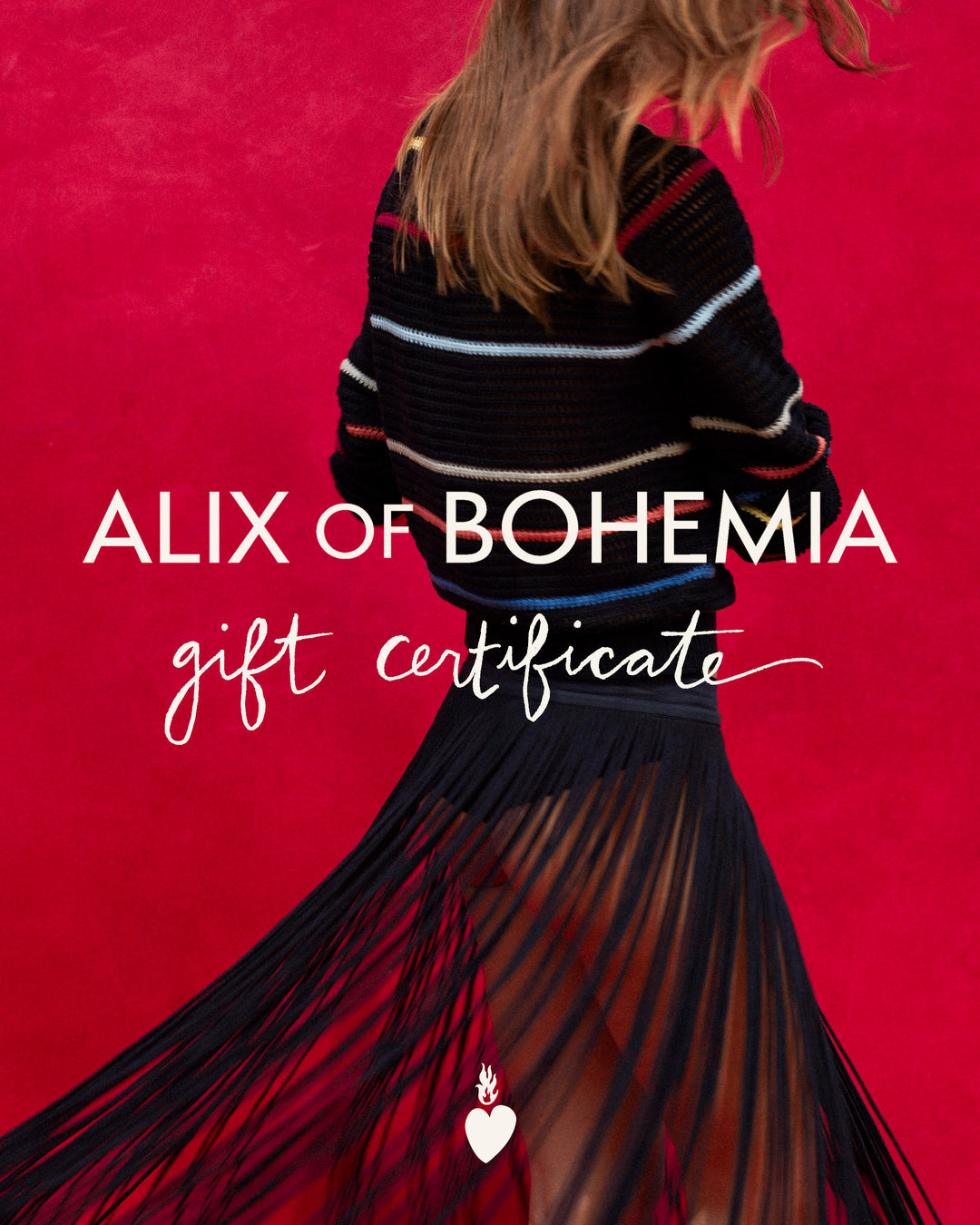 A woman in a striped black sweater and sheer skirt stands against a red background. Text reads "Digital Gift Card" with a heart icon at the bottom.