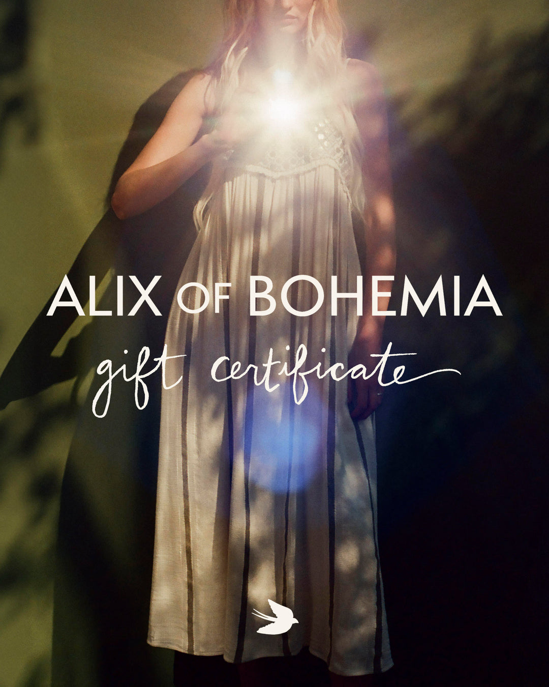 A person in a light dress holds a glowing object; text reads "Digital Gift Card" with a small bird logo at the bottom.